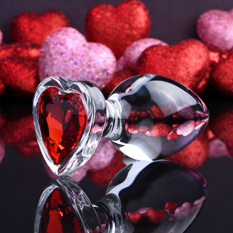Adam & Eve RED HEART GEM GLASS Butt Plug With Red Heart Gem Base Large 9.5cm