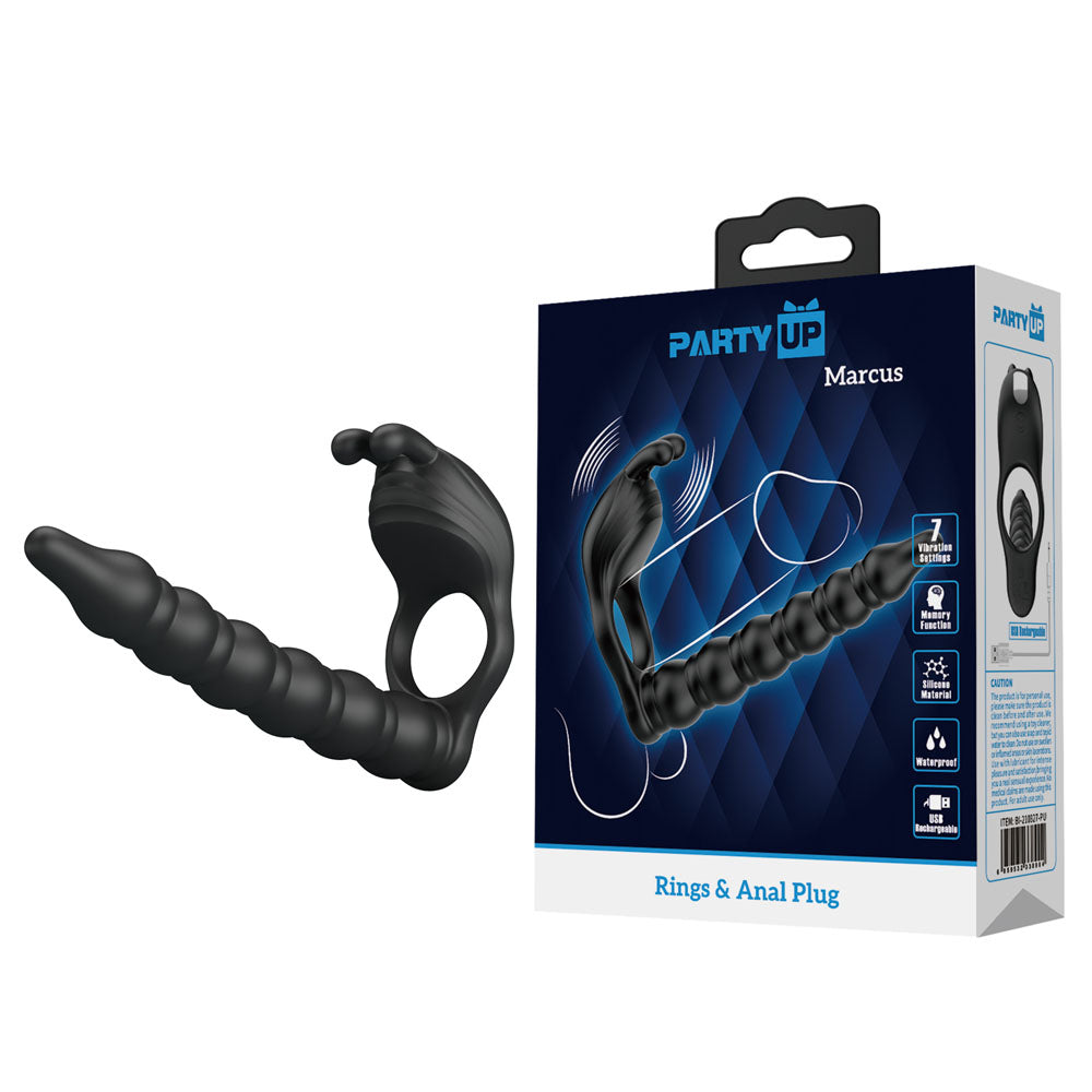Party Up MARCUS Ring & Anal Plug USB Rechargeable Vibrating Cock Ring With Double Penetrator Black Party Up Main image