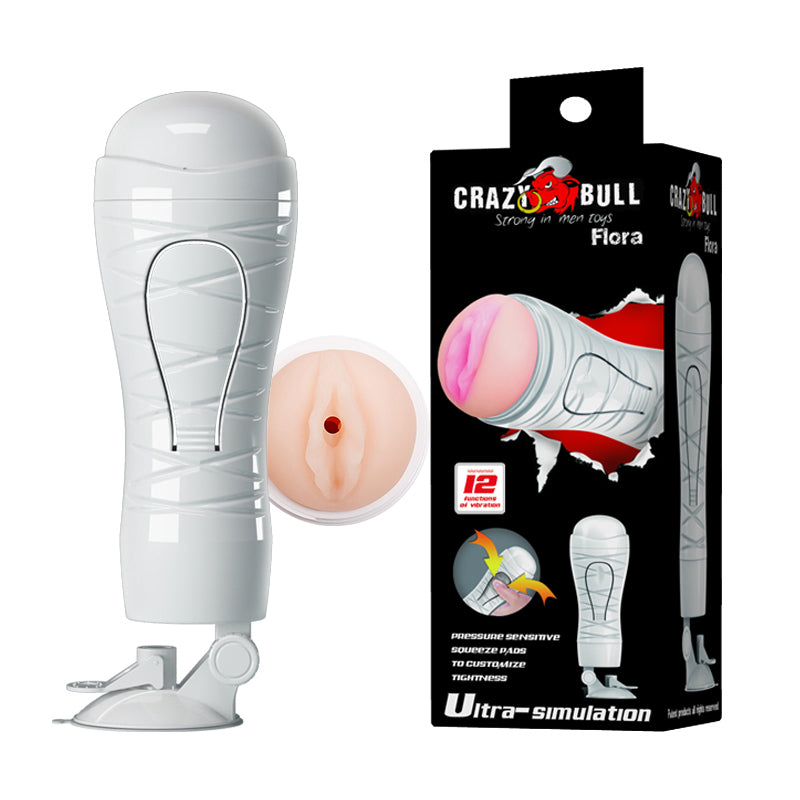CRAZY BULL FLORA Vibrating Stroker USB Rechargeable Vibrating Squeezeable Vagina Stroker With Suction Base Flesh Crazy Bull Main image