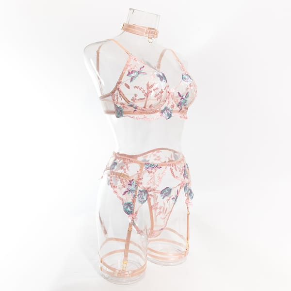 Elosung Floral Embroidered Lace Lingerie Set Pink S Elosung