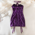 Elosung Lace & Satin Corset Bustier Lingerie Dress With Halter Neck Purple M Elosung