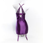 Elosung Lace & Satin Corset Bustier Lingerie Dress With Halter Neck Purple M Elosung