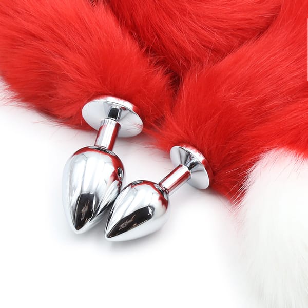 Elosung Extra Long Faux Fur Tail with Metal Anal Plug White & Red Small Secondary image