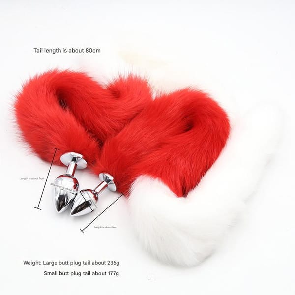 Elosung Extra Long Faux Fur Tail with Metal Anal Plug White & Red Small Elosung