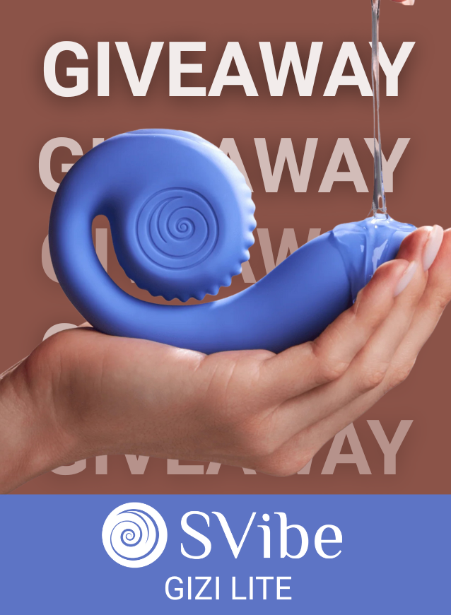 Blue spiral object held in a hand with 'Svibe' branding and giveaway text on a brown background