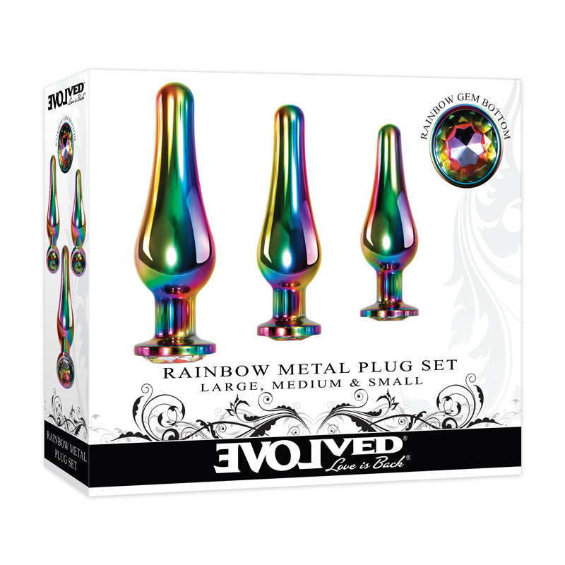 Evolved Rainbow Metal Plug Set Coloured Butt Plugs Set Of 3 Sizes