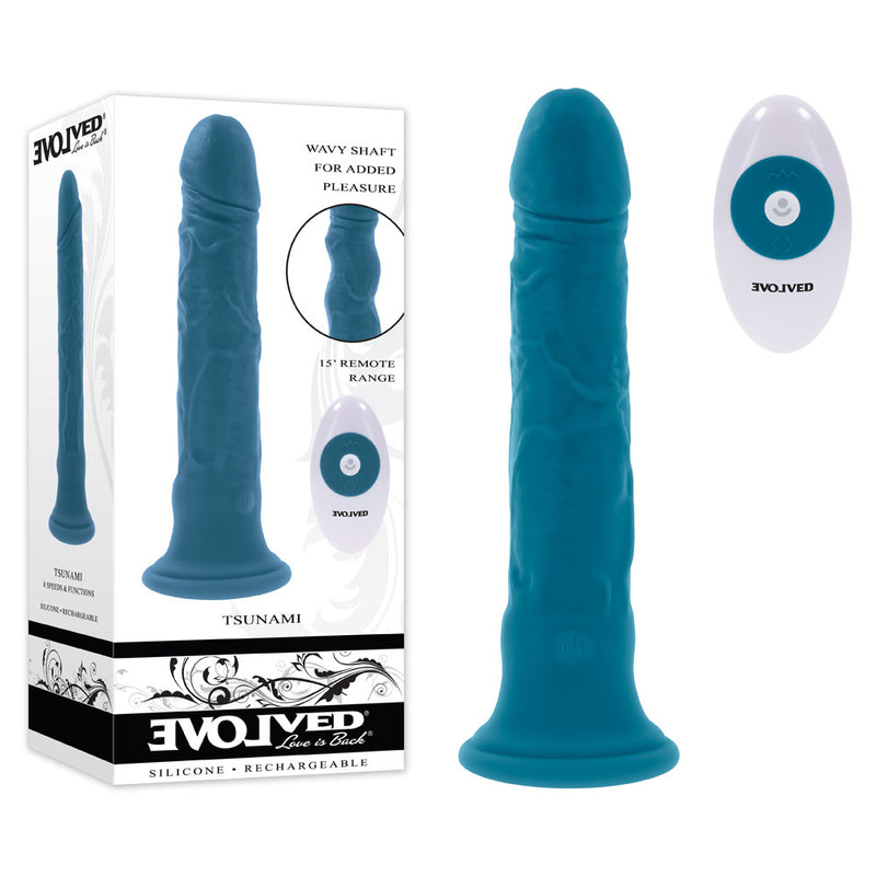 Evolved TSUNAMI USB Rechargeable Vibrating Dong With Remote Control 18.4cm Blue