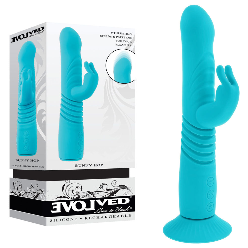 Evolved BUNNY HOP USB Rechargeable Thrusting Rabbit Vibrator With Suction Base 25.1cm Evolved Main image