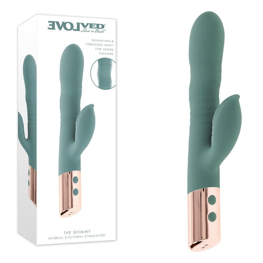 Evolved THE SHIMMY USB Rechargeable Thrusting Rabbit Vibrator Green Evolved