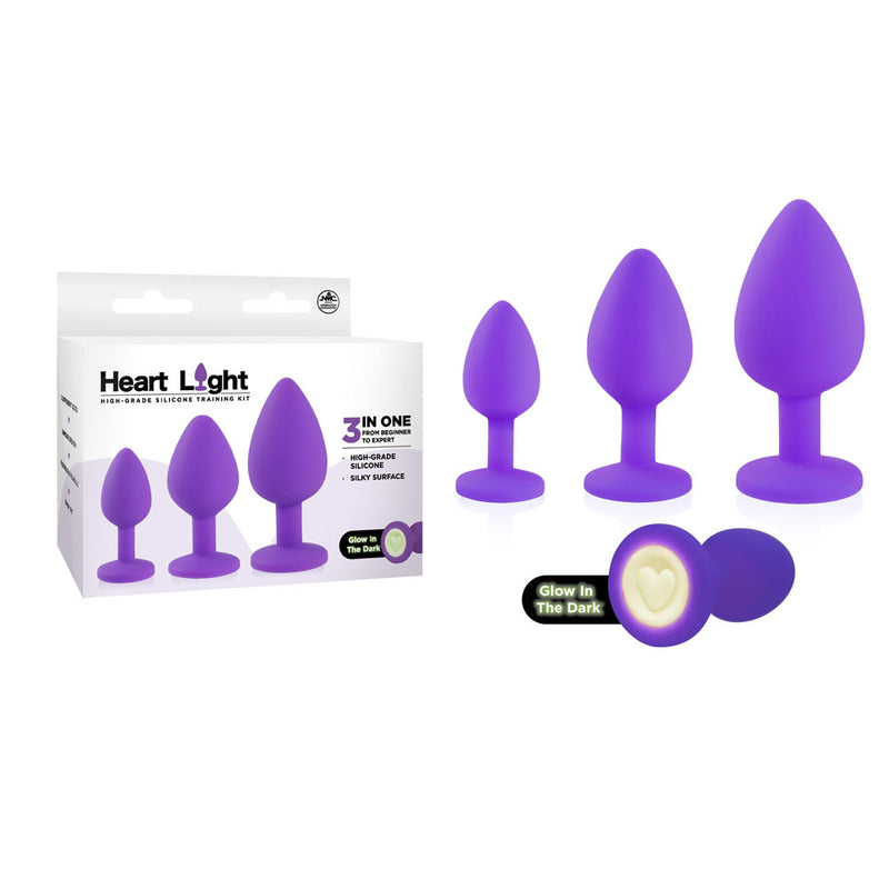 Excellent Power Heart Light Butt Plugs With Glow In Dark Bases Set Of 3 Sizes