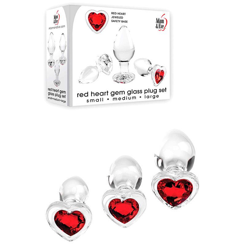Adam & Eve RED HEART GEM GLASS PLUG SET Butt Plugs Set Of 3 Sizes