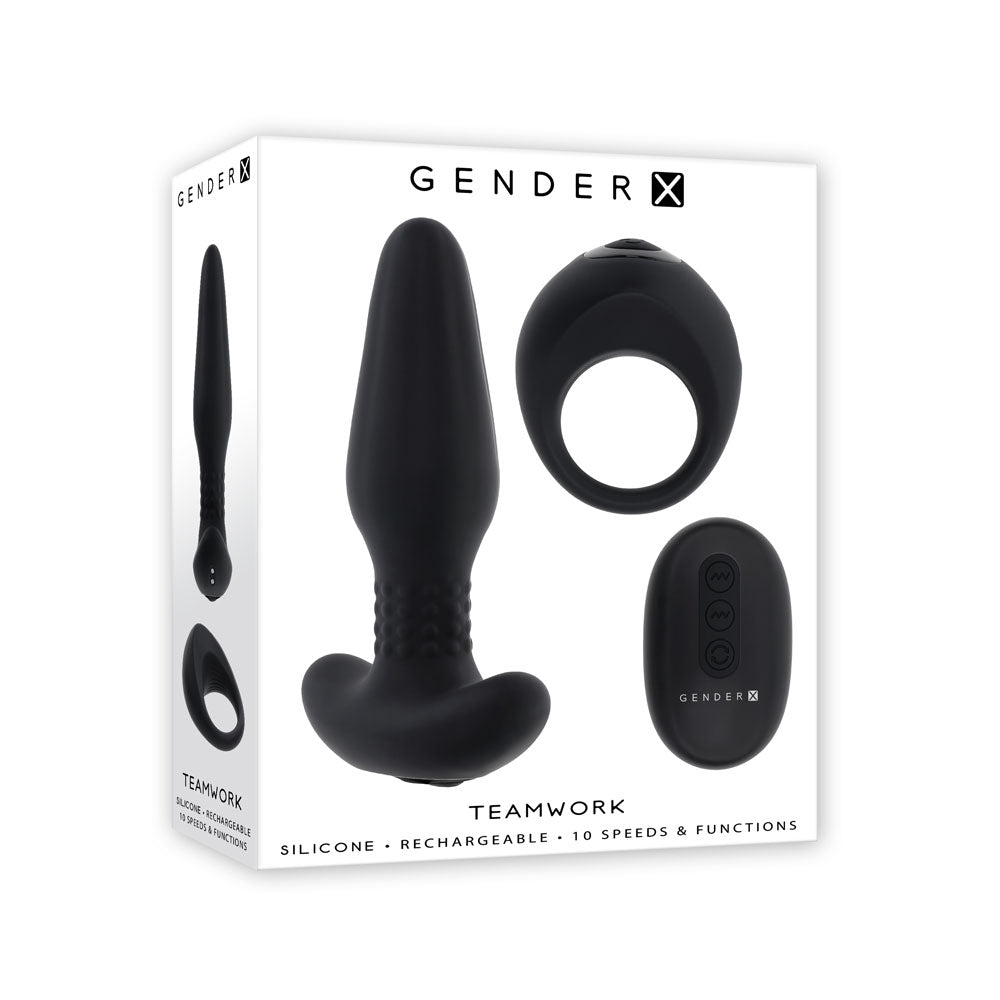 Gender X TEAMWORK USB Rechargeable Rimming Butt Plug & Vibrating Cock Ring Black Gender X Main image