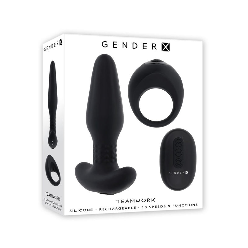 Gender X TEAMWORK USB Rechargeable Rimming Butt Plug & Vibrating Cock Ring Black