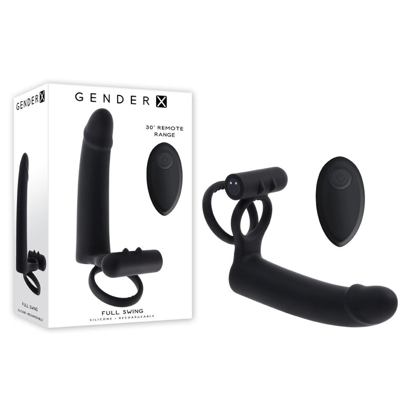 Gender X FULL SWING USB Rechargeable Vibrating Cock Ring With Double Penetrator Dildo Black