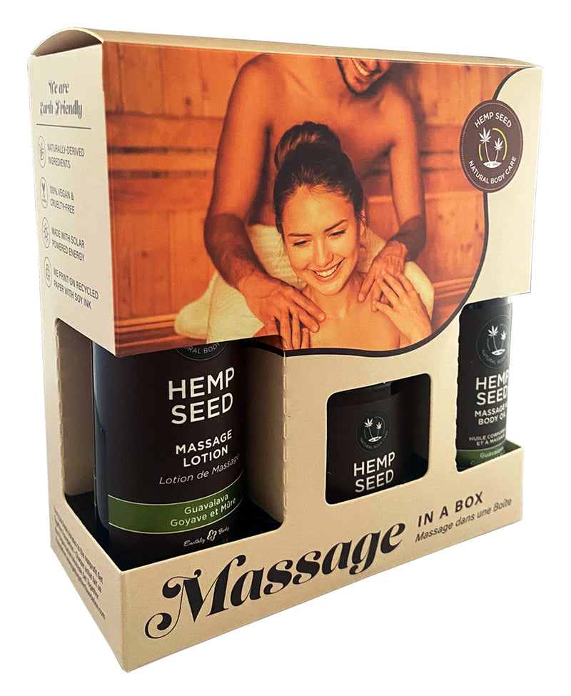 Earthly Body Hemp Seed Massage In A Box Guavalava Scented Massage Gift Set 3 Piece Kit