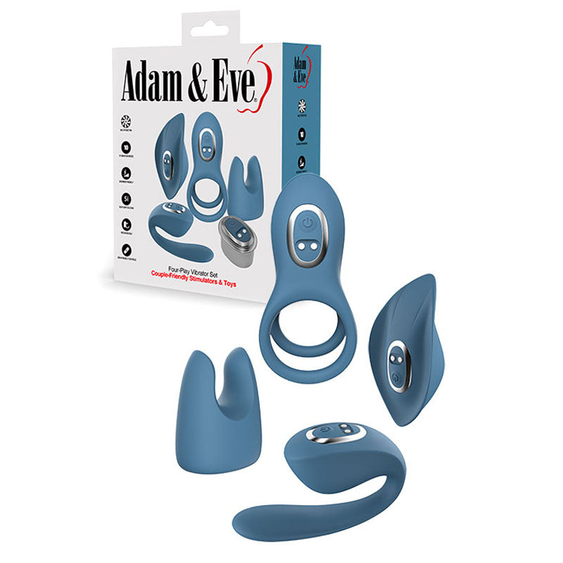 Adam & Eve FOUR PLAY Vibrator Set USB Rechargeable Couples Play Kit Blue