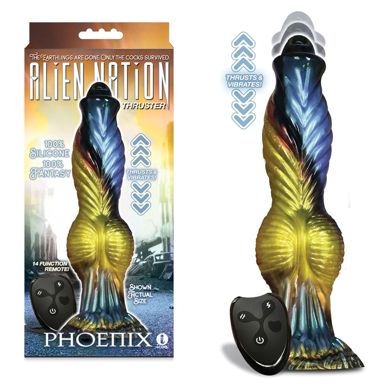 Icon Brands Alien Nation Phoenix USB Rechargeable Thrusting Fantasy Dong With Remote 25.4cm Gold / Blue & Black