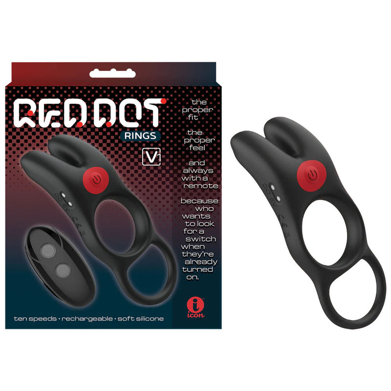 Icon Brands Red Dot Rings V1 USB Rechargeable Vibrating Cock Ring With Remote Black