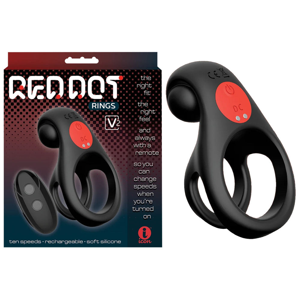Icon Brands Red Dot Rings V2 USB Rechargeable Vibrating Cock Ring With Remote Black Icon Brands