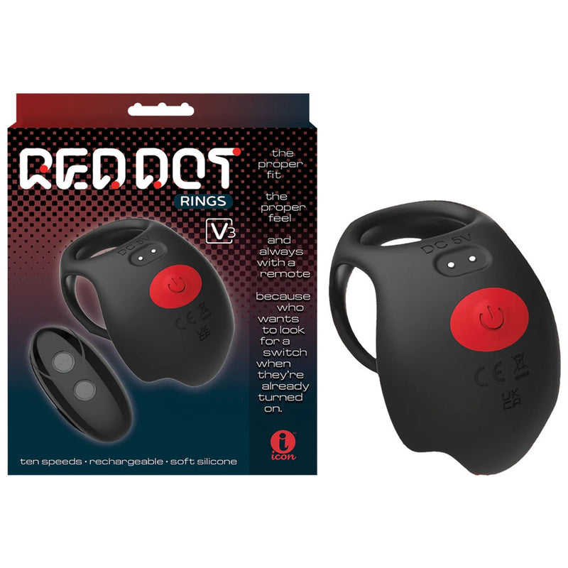 Icon Brands Red Dot Rings V3 USB Rechargeable Vibrating Cock Ring With Remote Black