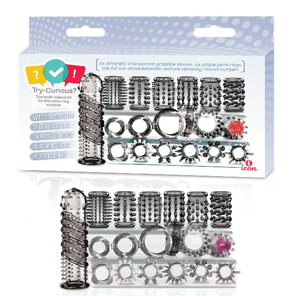 Icon Brands Try Curious Cock Ring & Sleeve Set 15 Piece Set Clear