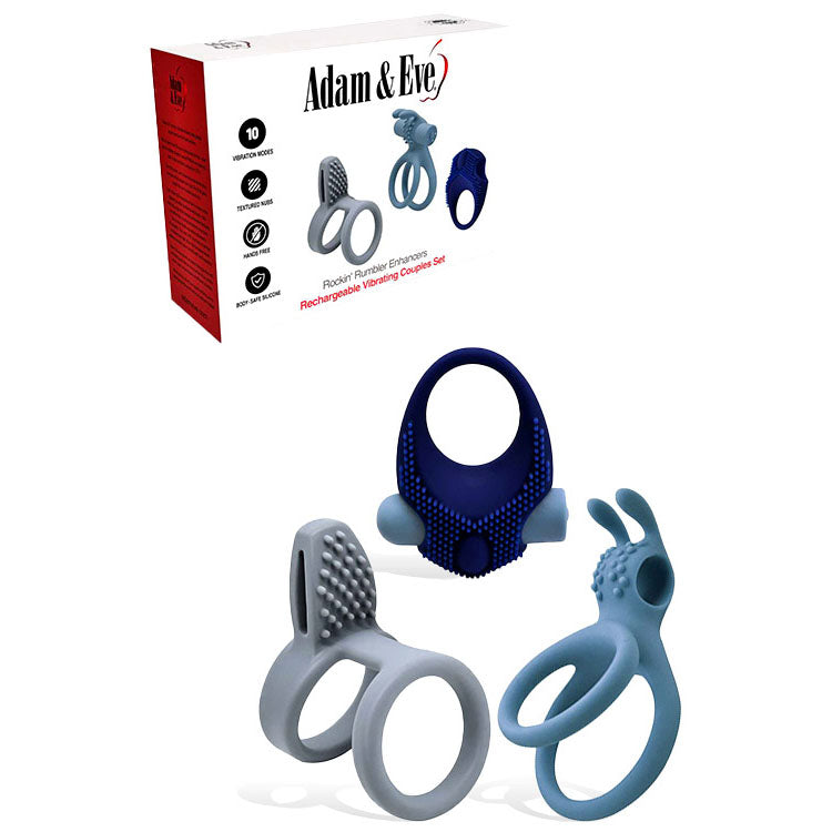 Adam & Eve ROCKIN RUMBLER ENHANCERS Silicone Cock Rings With Rechargeable Vibrating Bullet Set Of 3 Adam & Eve