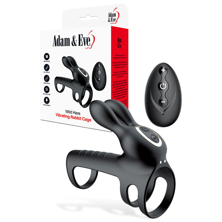 Adam & Eve WILD HARE USB Rechargeable Vibrating Penis Cage With Wireless Remote Black Adam & Eve