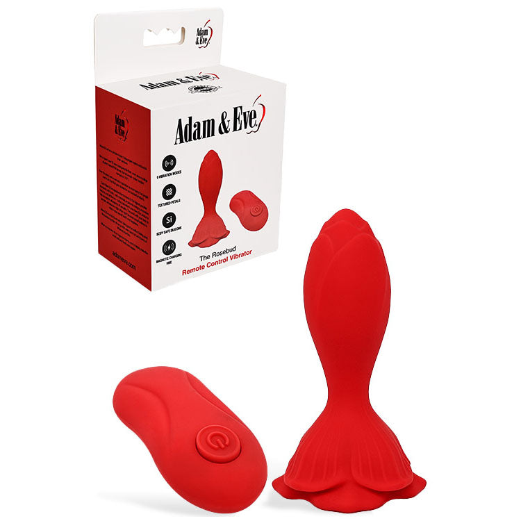 Adam & Eve THE ROSEBUD USB Rechargeable Vibrating Butt Plug With Remote Red 10.2 cm Adam & Eve