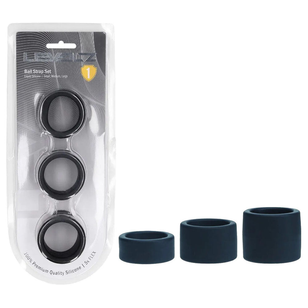 Shots Toys LEVELZ Liquid Silicone Ball Strap Set Of 3 Sizes Black Shots Toys Main image