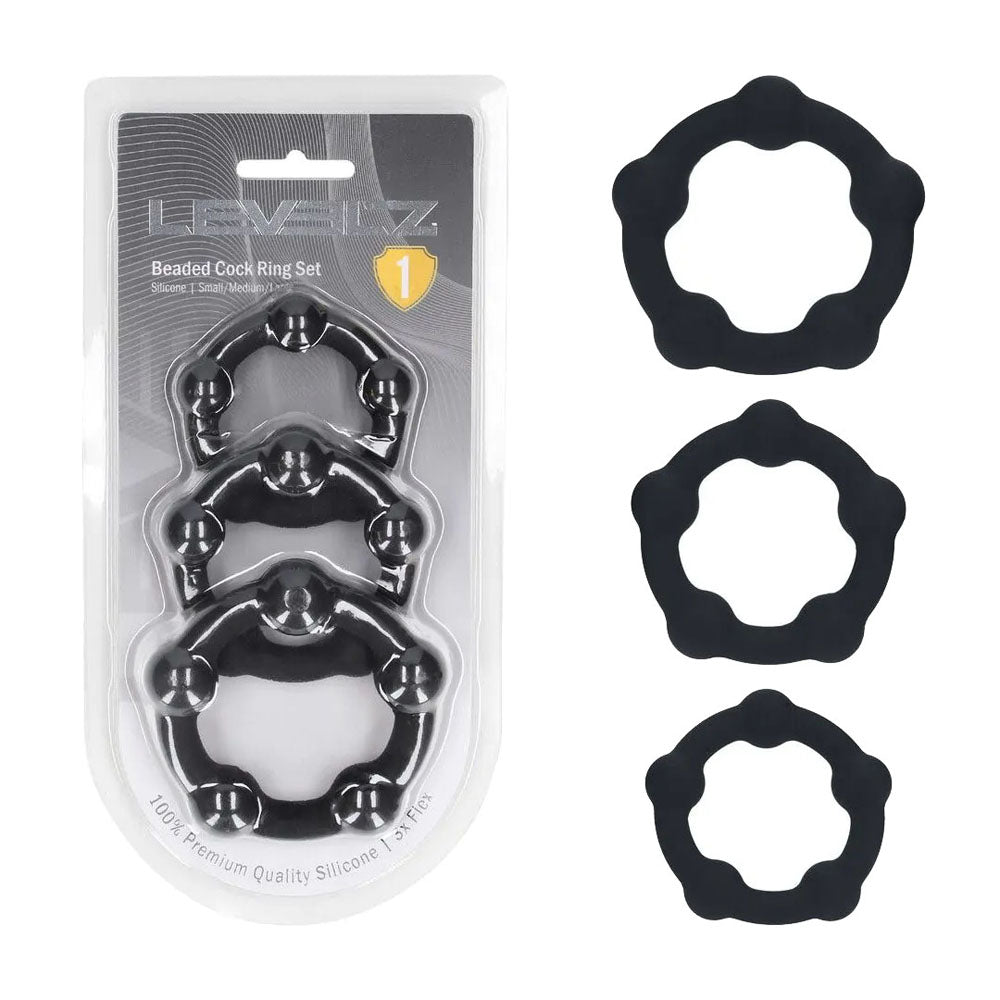 Shots Toys LEVELZ Beaded Silicone Cock Ring Set Of 3 Sizes Black Shots Toys