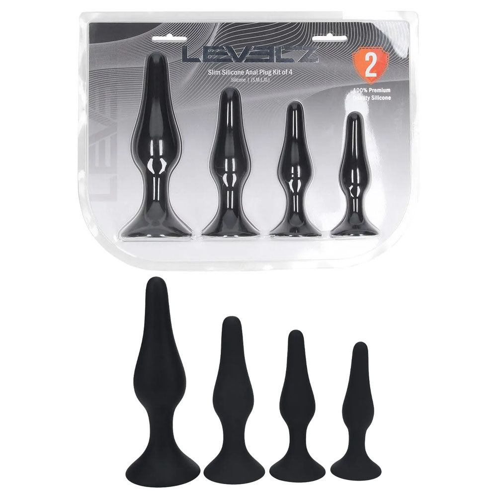 Shots Toys LEVELZ Slim Silicone Anal Plug Kit Set Of 4 Sizes Black Shots Toys Main image