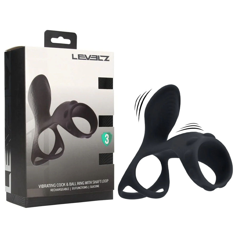 Shots Toys LEVELZ USB Rechargeable Vibrating Cock & Ball Ring With Shaft Loop Black Shots Toys