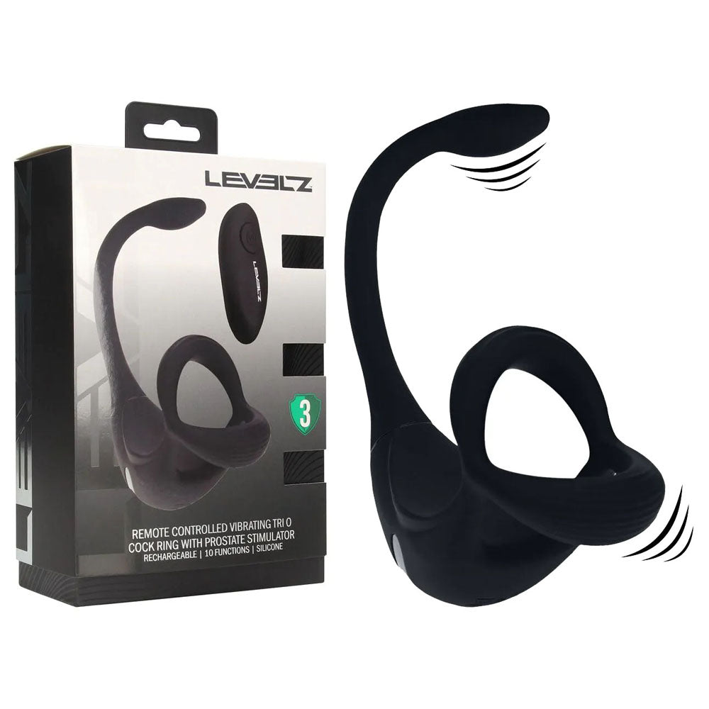 Shots Toys LEVELZ Remote Controlled Vibrating TriO Cock Ring With Prostate Stimulator Black Shots Toys