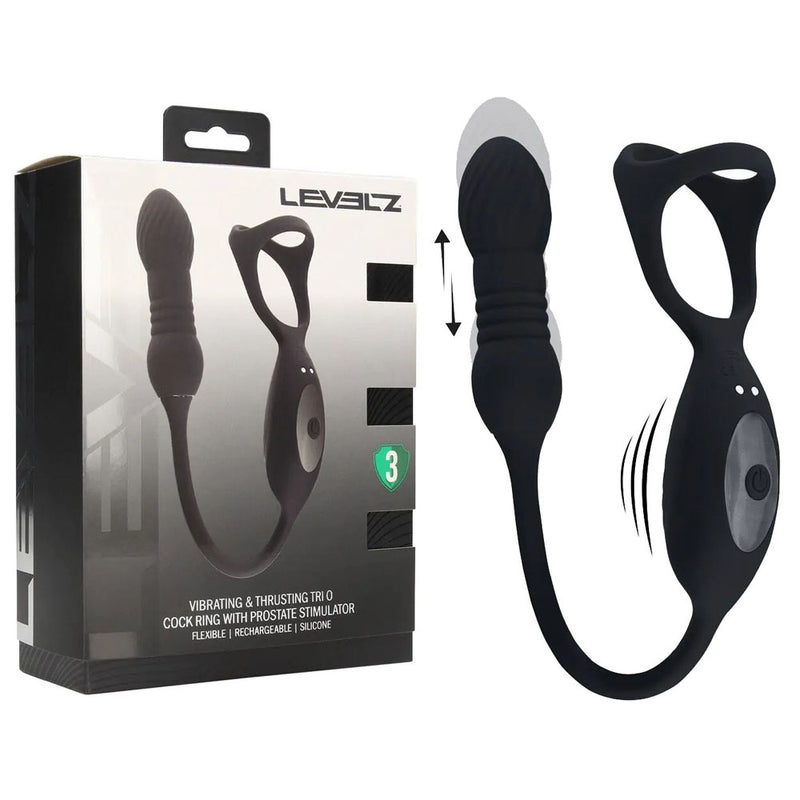 Shots Toys LEVELZ Vibrating & Thrusting TriO Cock Ring With Prostate Stimulator Black