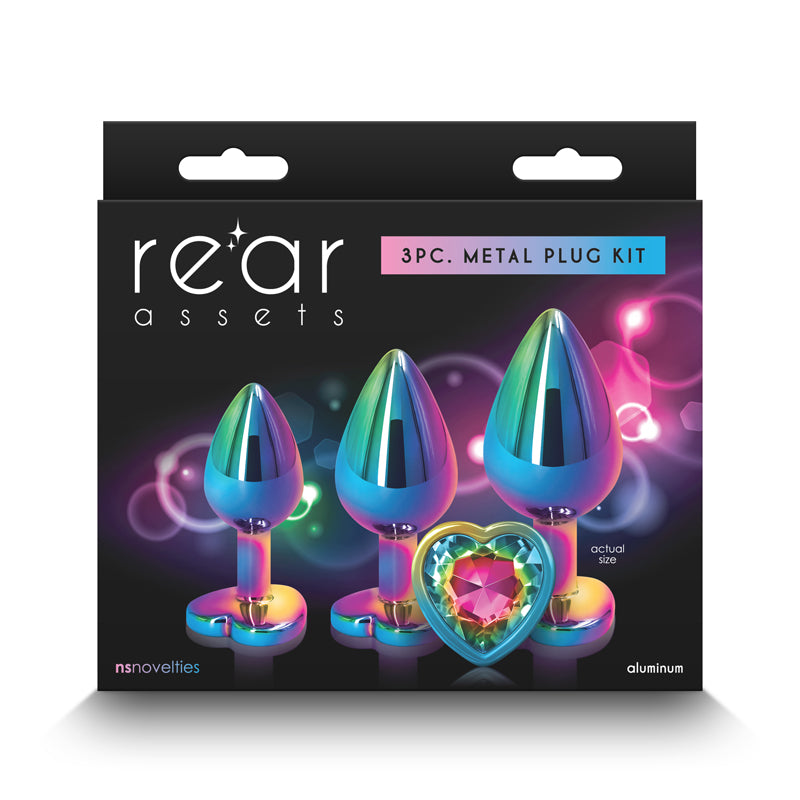 NS Novelties Rear Assets Trainer Kit Multi Coloured Metallic Butt Plugs With Rainbow Hearts Set Of 3 Sizes