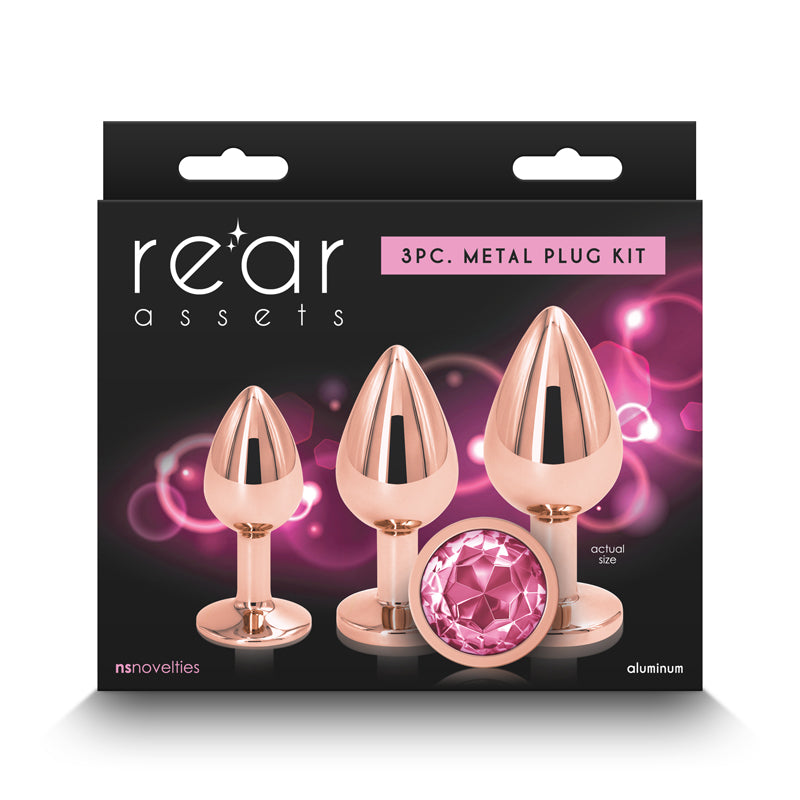 NS Novelties Rear Assets Trainer Kit Metallic Butt Plugs With Pink Gems Set Of 3 Sizes