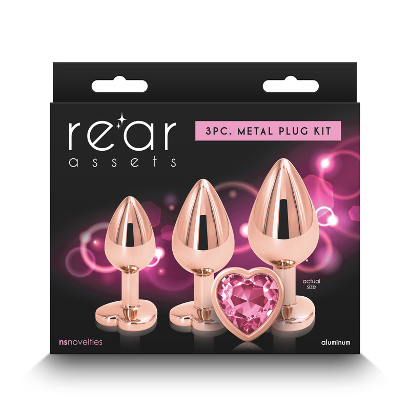 NS Novelties Rear Assets Trainer Kit Metallic Butt Plugs With Pink Hearts Set Of 3 Sizes NS Novelties
