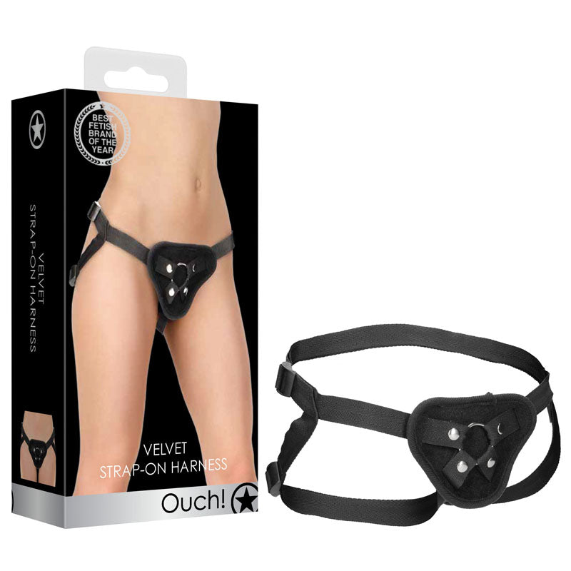 OUCH! Velvet & Velcro Adjustable Harness With O Ring Strap On Harness (No Probe Included) Black Shots Toys