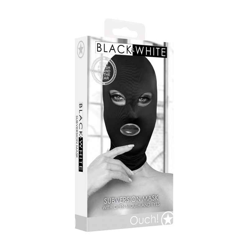 Shots Toys OUCH! Subversion Mask With Open Mouth Bondage Hood Black
