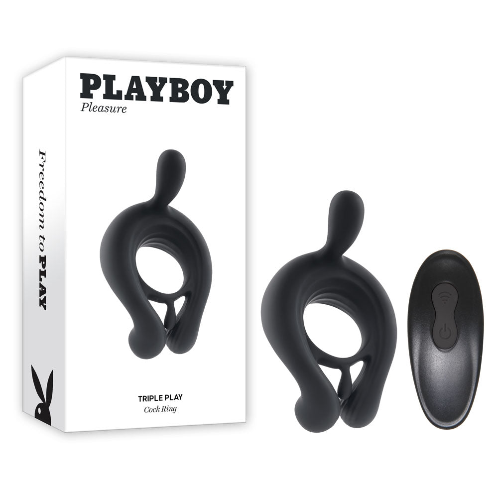 Playboy Pleasure TRIPLE PLAY USB Rechargeable Cock Ring With Wireless Remote Black Playboy Pleasure