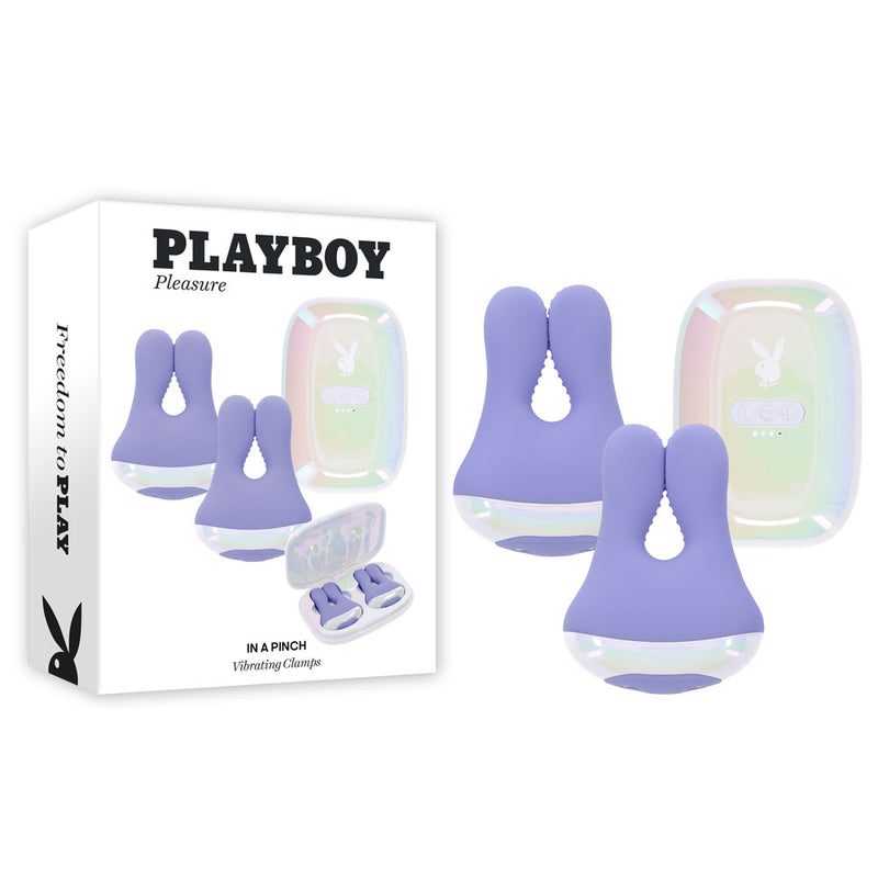 Playboy Pleasure IN A PINCH Rechargeable Vibrating Nipple Clamps With Charging Carry Case Purple