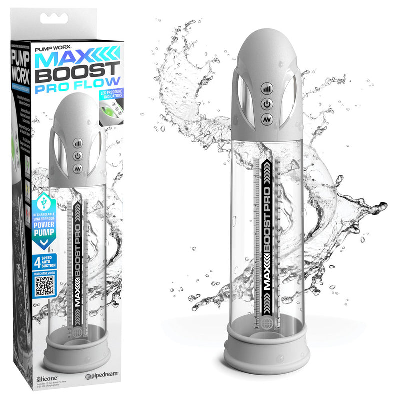 Pipedream Pump Worx Max Boost Pro Flow USB Rechargeable Waterproof Auto Penis Pump White / Clear