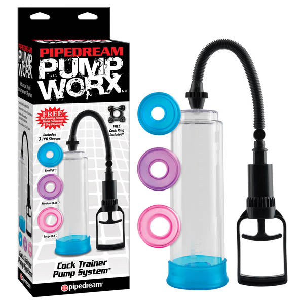 Pipedream Pump Worx Cock Trainer Pump System Penis Pump With 3 Sleeves Clear