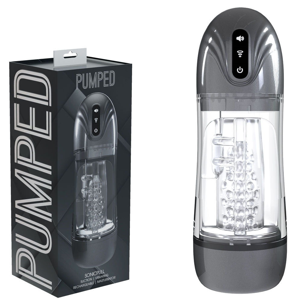Shots toys PUMPED SonicPull USB Rechargeable Sucking & Vibrating Automatic Masturbator Gunmetal Grey / Clear Shots Toys Main image