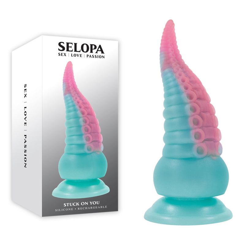 Selopa STUCK ON YOU USB Rechargeable Vibrating Tentacle Fantasy Dildo 19cm Blue / Pink
