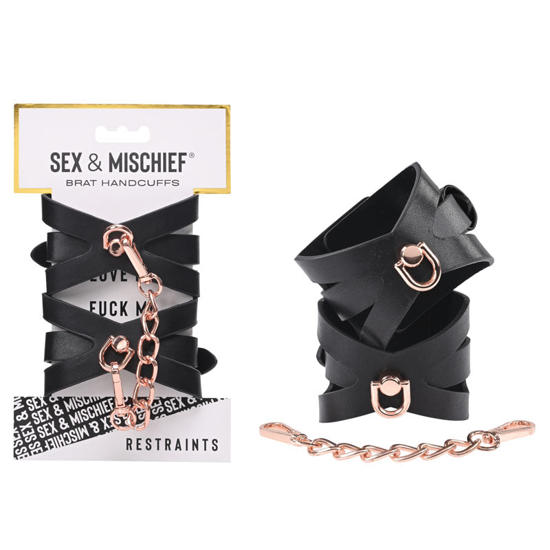 Sportsheets Sex & Mischief Brat Handcuffs Gold Restraints Black / Rose Sportsheets