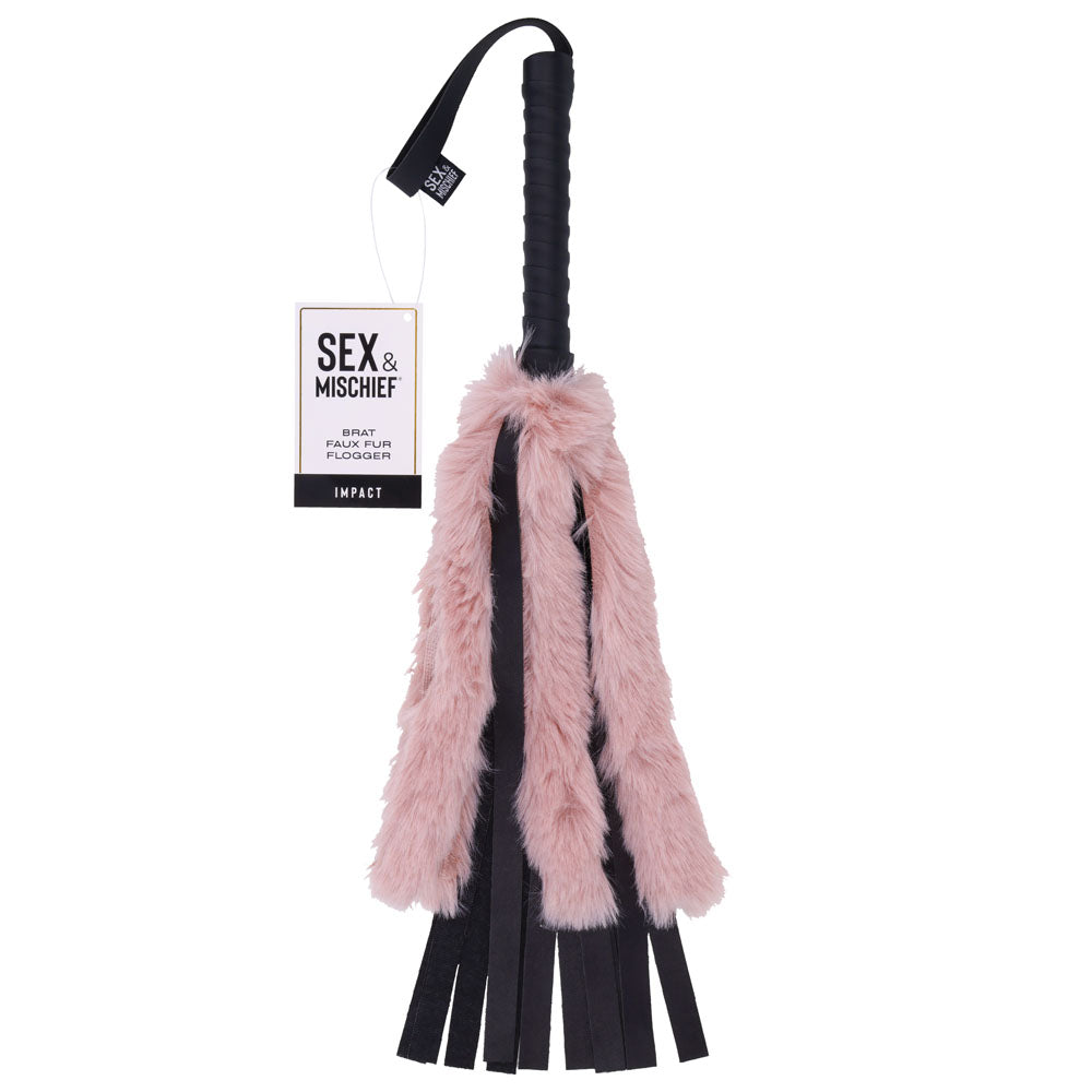 Sportsheets Sex & Mischief Brat Faux Fur Flogger Black Whip With Pink Faux Feather 50cm Sportsheets Main image