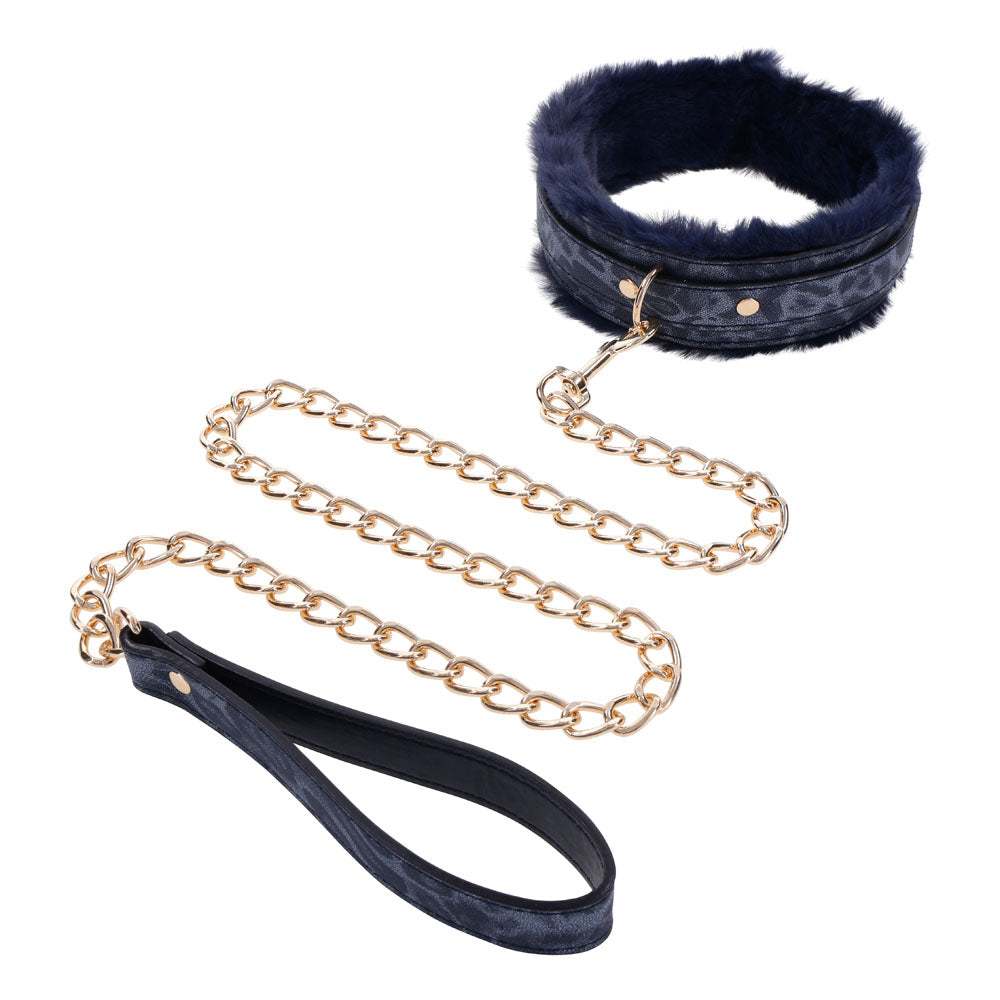 Sportsheets Sex & Mischief Cougar Fur Collar & Leash Furry Restraint Navy Blue / Gold Sportsheets