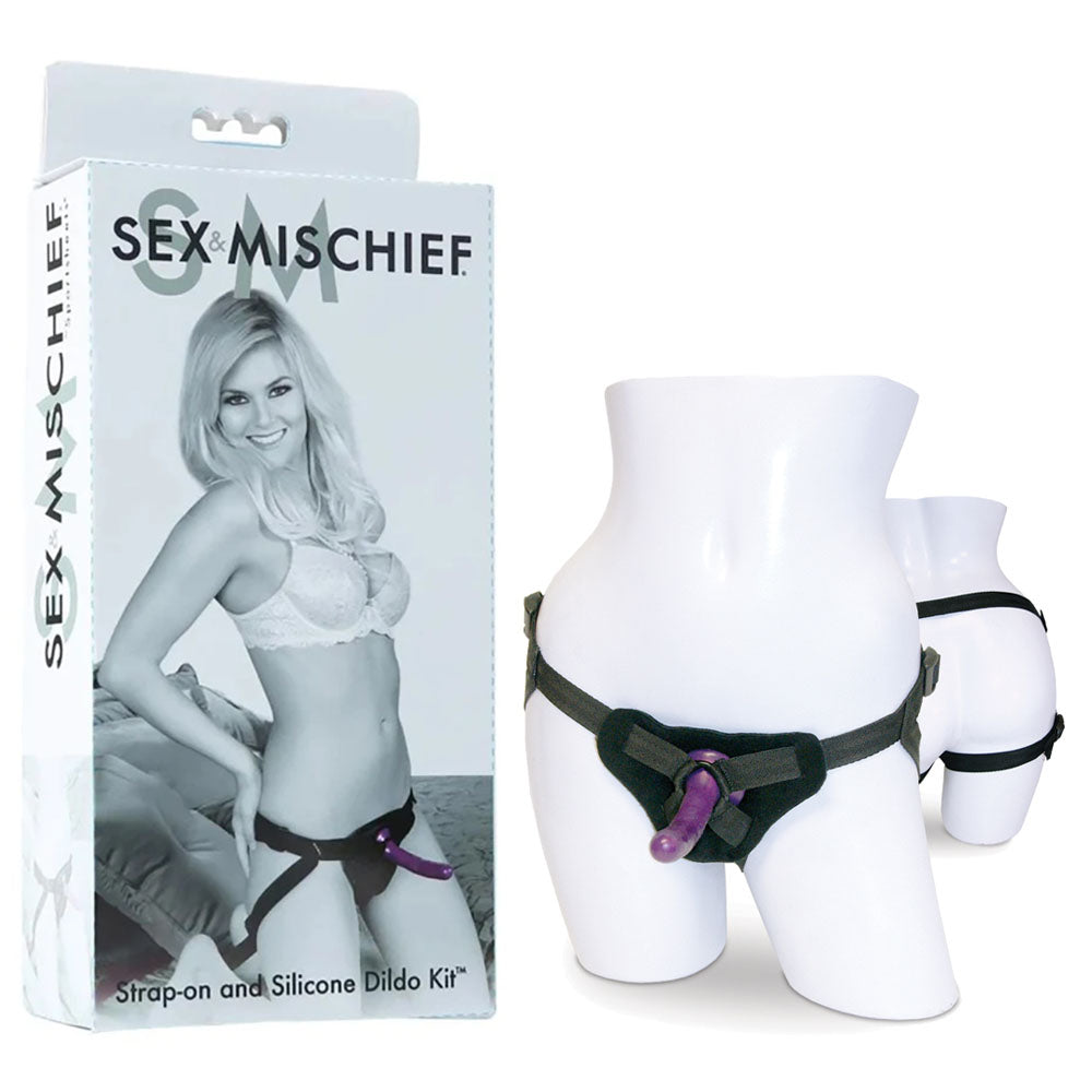 Sex & Mischief Strap-On & Silicone Dildo Kit - Black/Purple Adjustable Strap-On Sportsheets