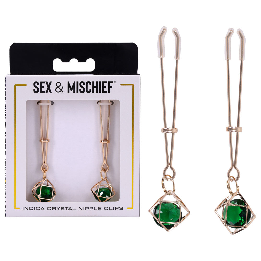 Sportsheets Sex & Mischief Indica Crystal Nipple Clips With Emerald Gems Sportsheets